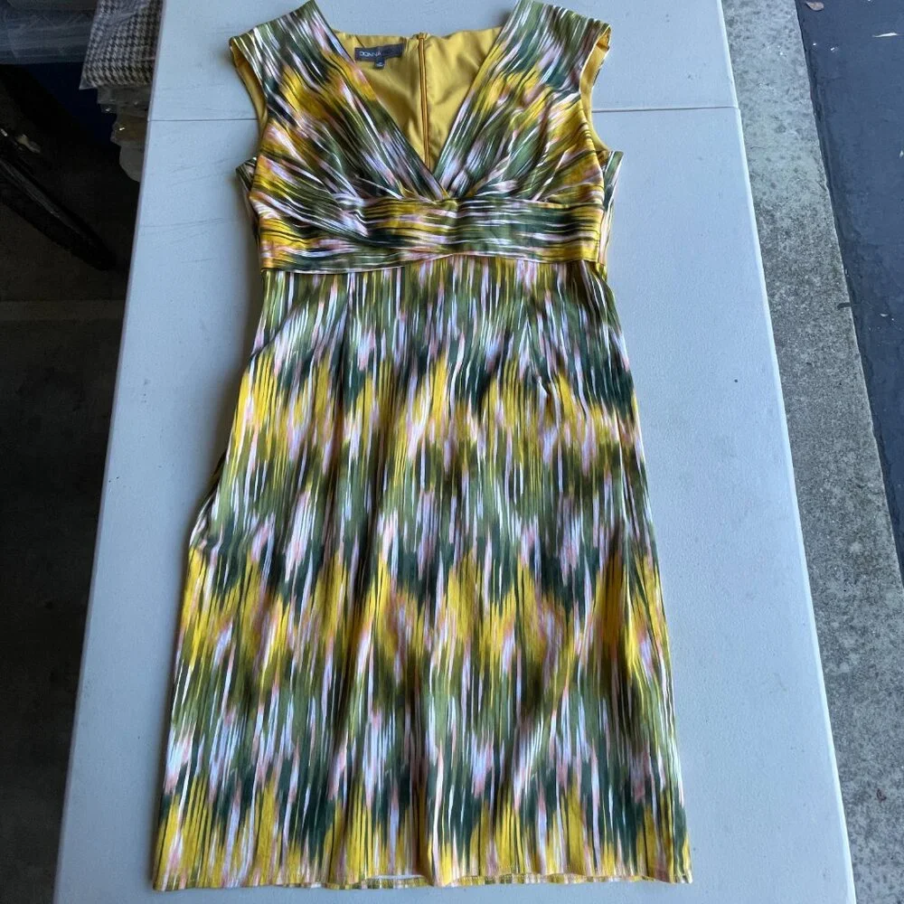 Ikat Print Donna Ricco Cotton Blend Yellow Green Sheath Dress 14